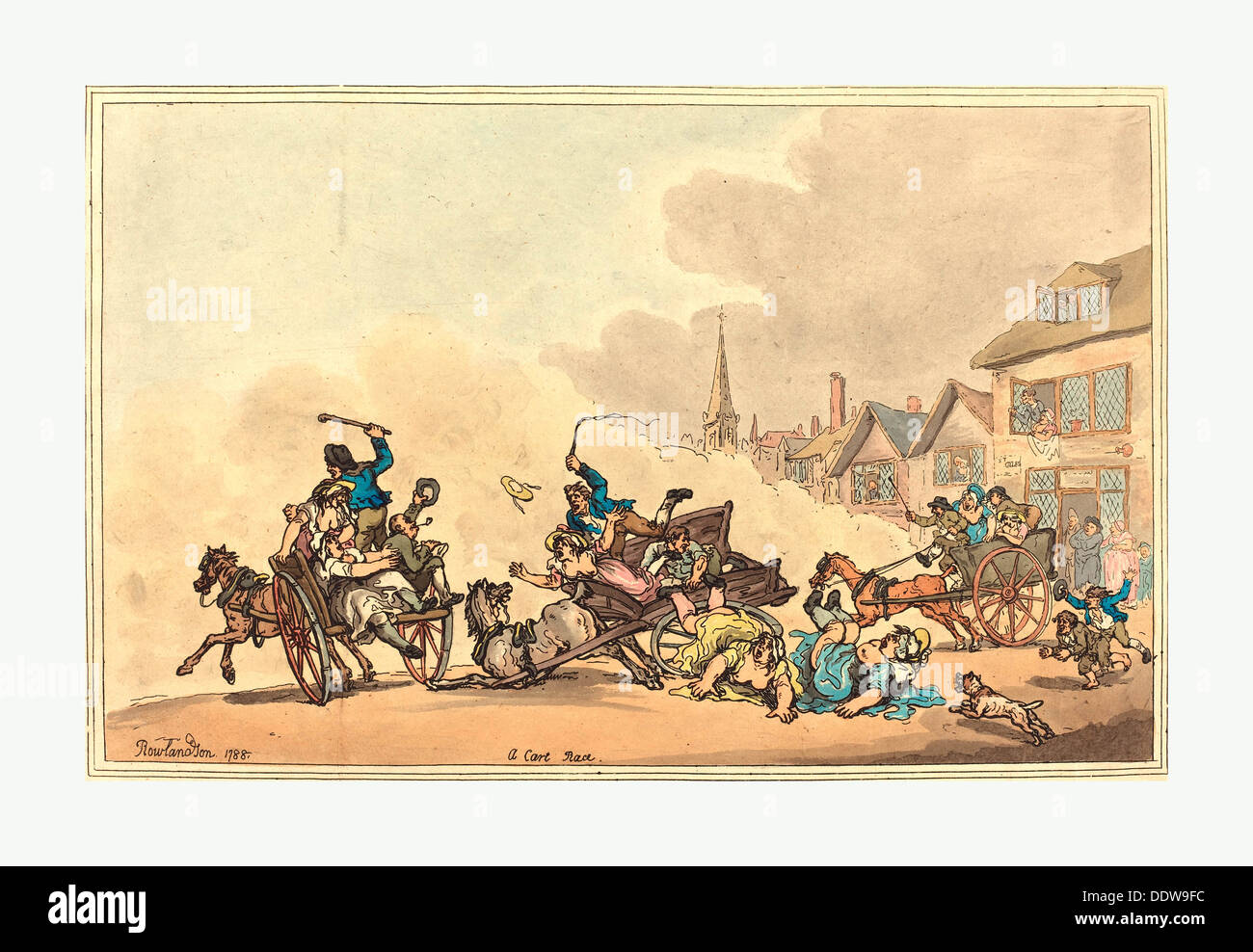 Thomas Rowlandson (British, 1756  1827 ), A Cart Race, 1788, hand colored etching Stock Photo