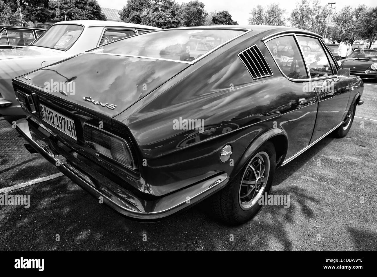 The Audi 100 (C1) Coupe S, rear view, (black and white) Stock Photo