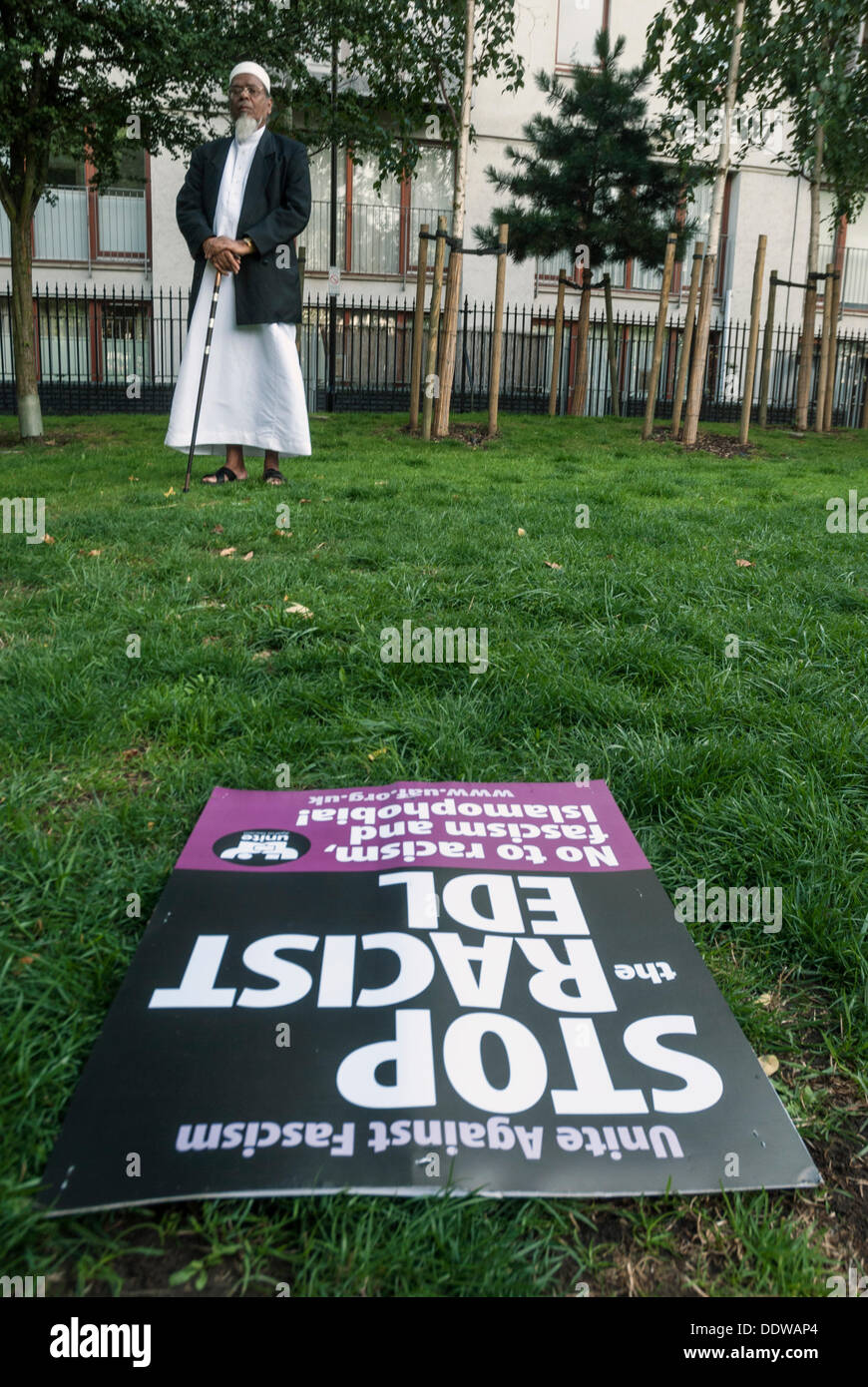 London, UK. 7th September 2013. Protesters are gathered to prevent EDL from entering to Tower Hamlet at Altab Ali Park, in East London, London, UK, 07 September 2013. Credit:  kaan diskaya/Alamy Live News Stock Photo