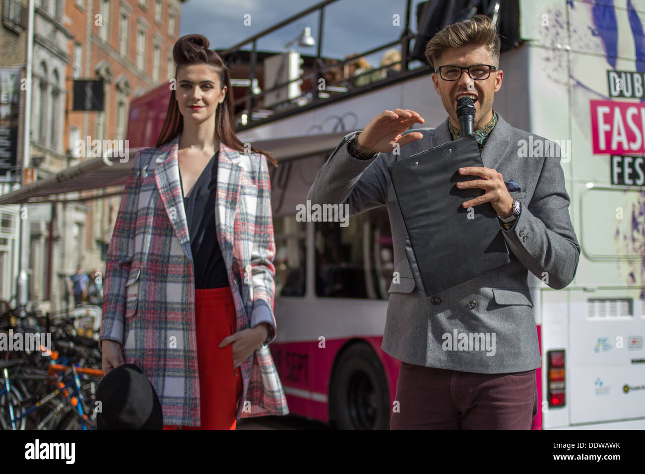 Television presenter and stylist Darren Kennedy (right) talks about fashion during Dublin Fashion Festival. Stock Photo