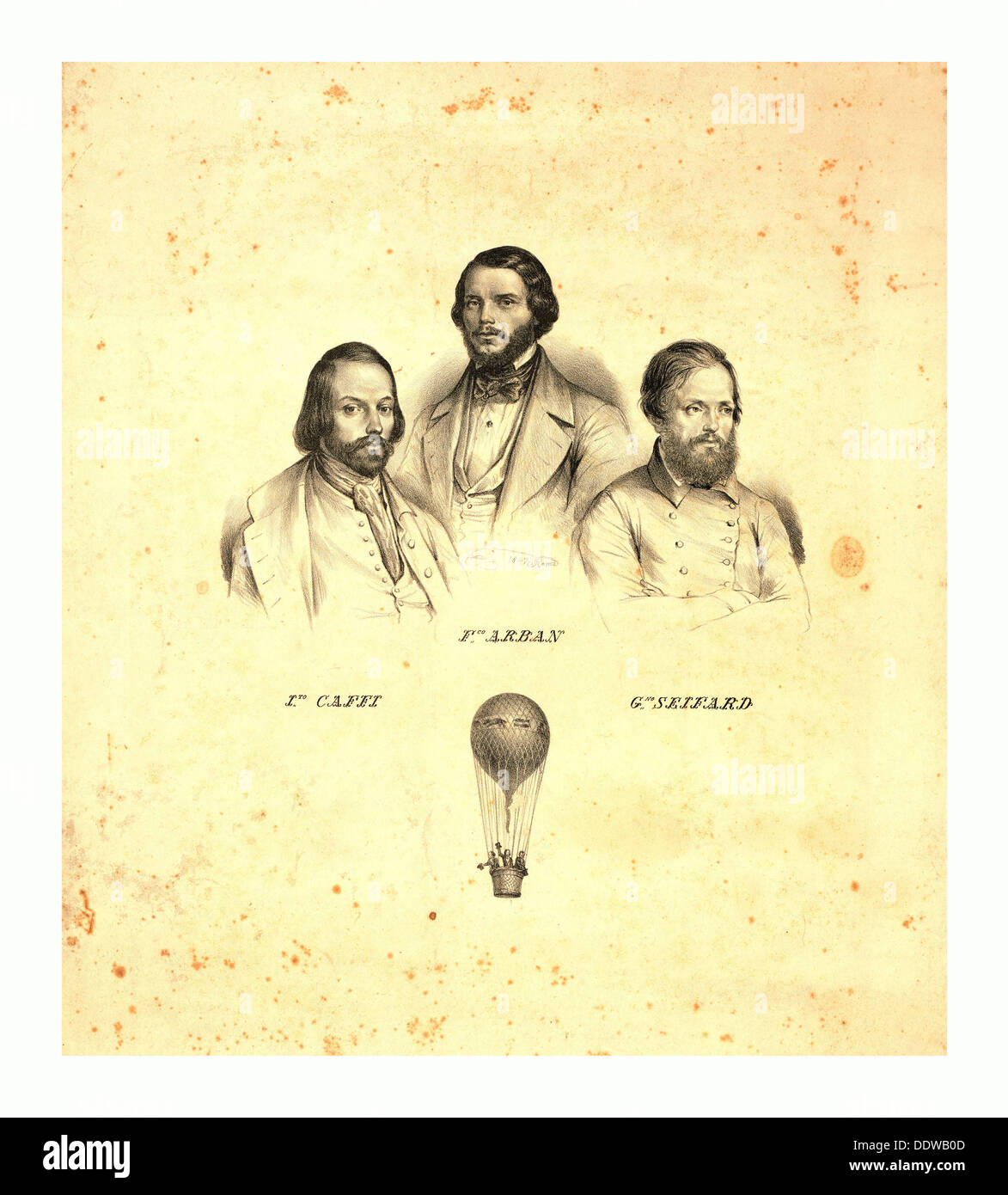Portraits of three balloonists Ippolito Caffi, Francesco Arban, and G. Seiffard Stock Photo