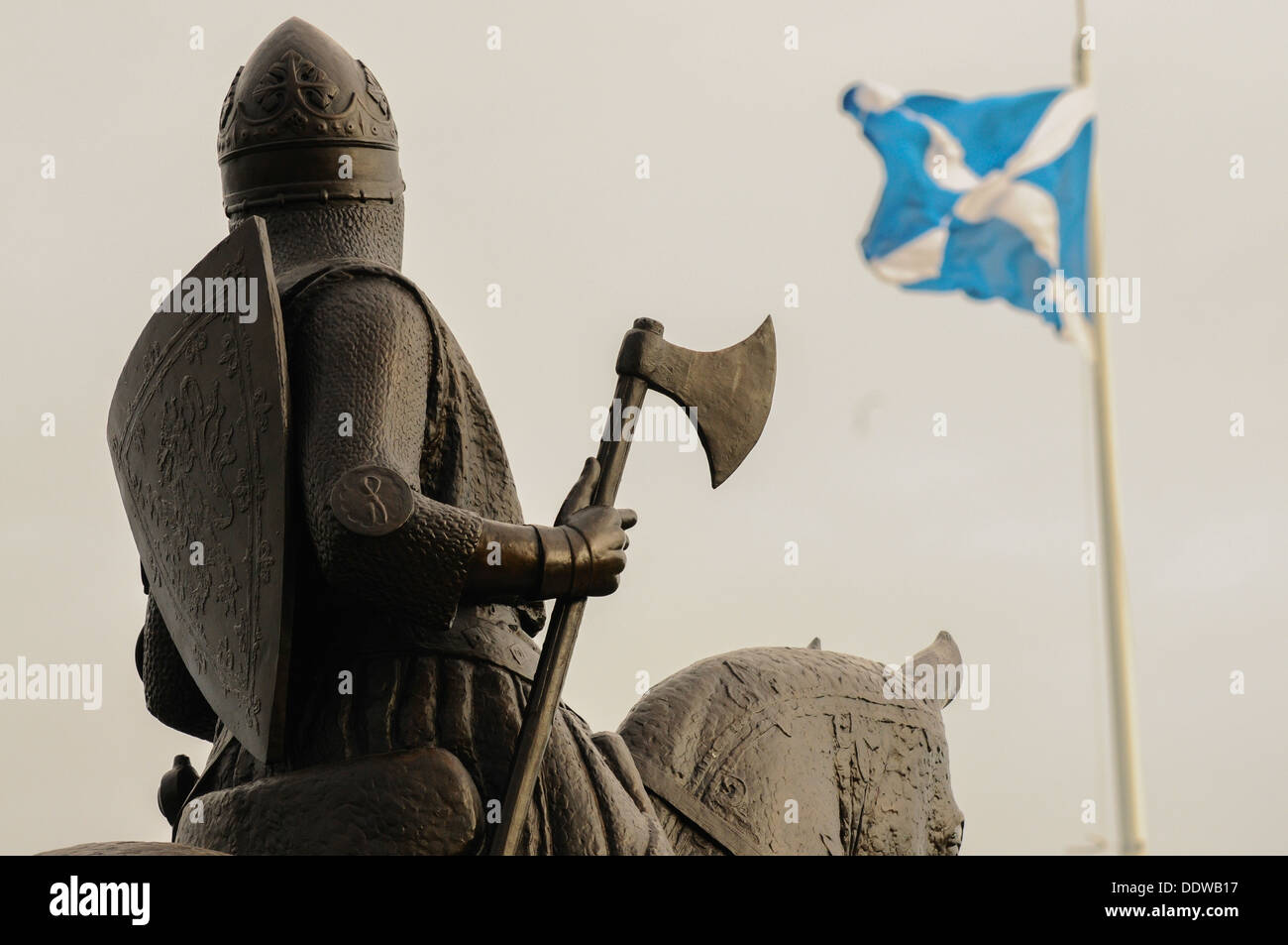 Statue of King Robert the Bruce at the Heritage Centre, Bannockburn, Stirling, Scotland, UK. Silhouette of the statue. Stock Photo