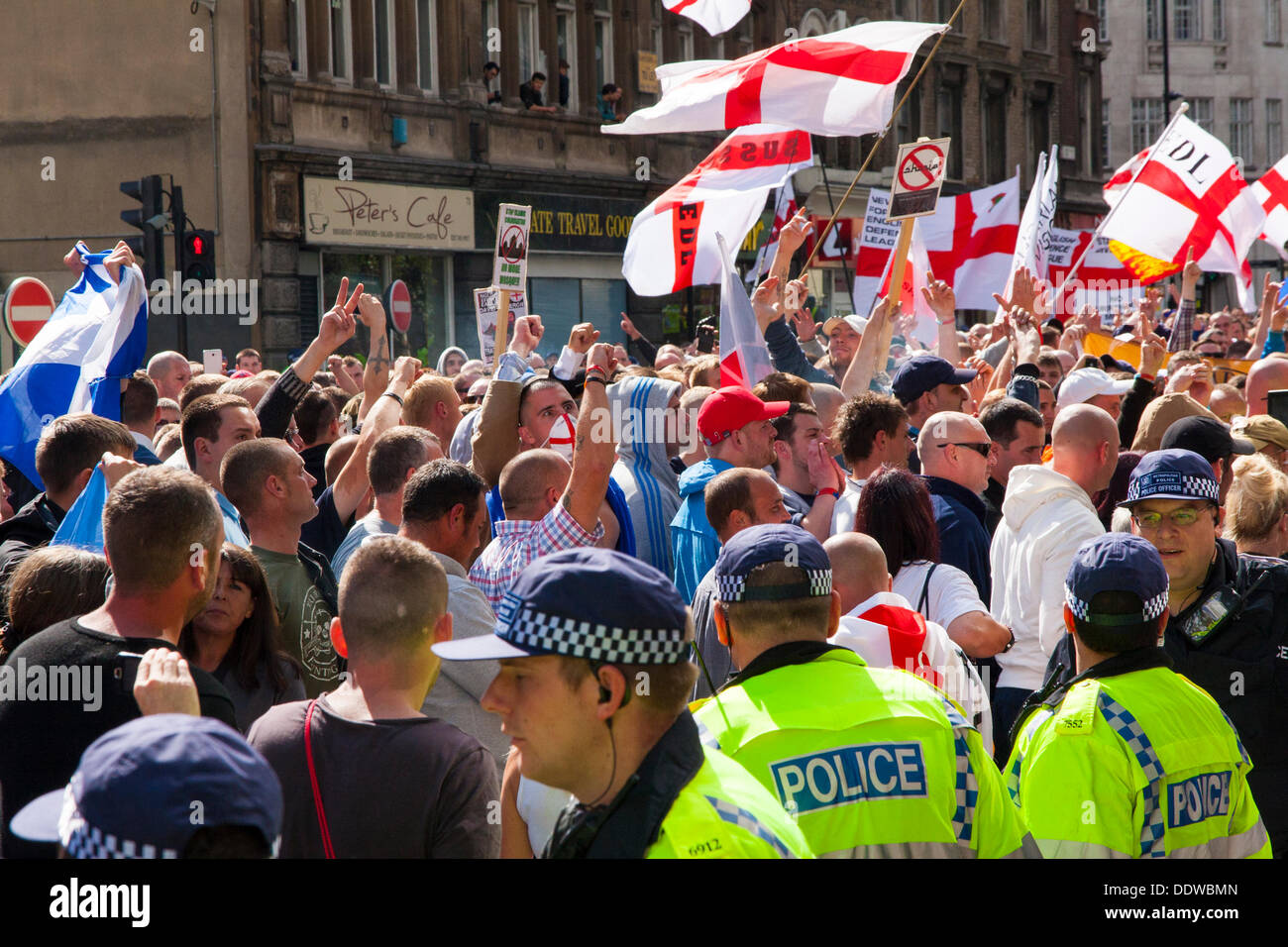 London, UK. 07th Sep, 2013. Passionate chanting as several hundred English Defence League supporters marched over Tower Bridge to a short rally outside Aldgate station on the edge of the borough of Tower Hamlets. Credit:  Paul Davey/Alamy Live News Stock Photo