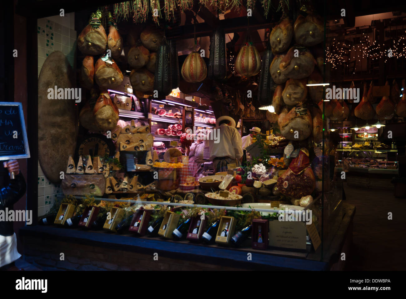 Typical window display of delicatessen shop with display of local
