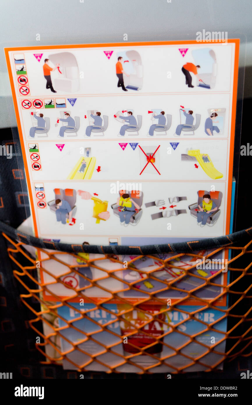 Passenger safety instructions in seat pocket on an easyjet flight Stock
