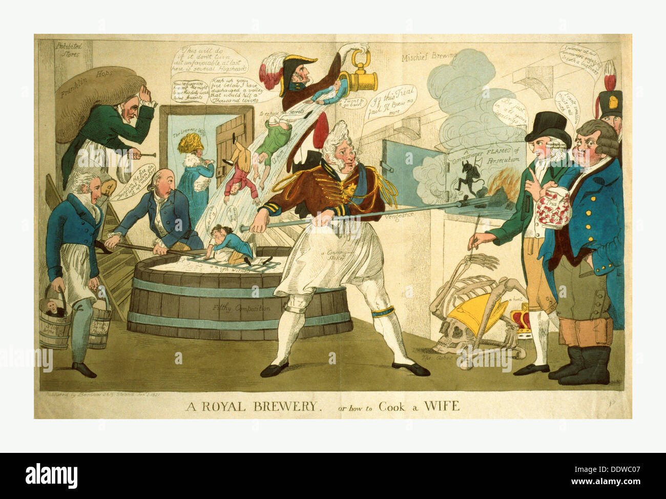 A royal brewery, or how to cook a wife, engraving 1821, George IV, a conning stoker, of some Mischief brewing Stock Photo