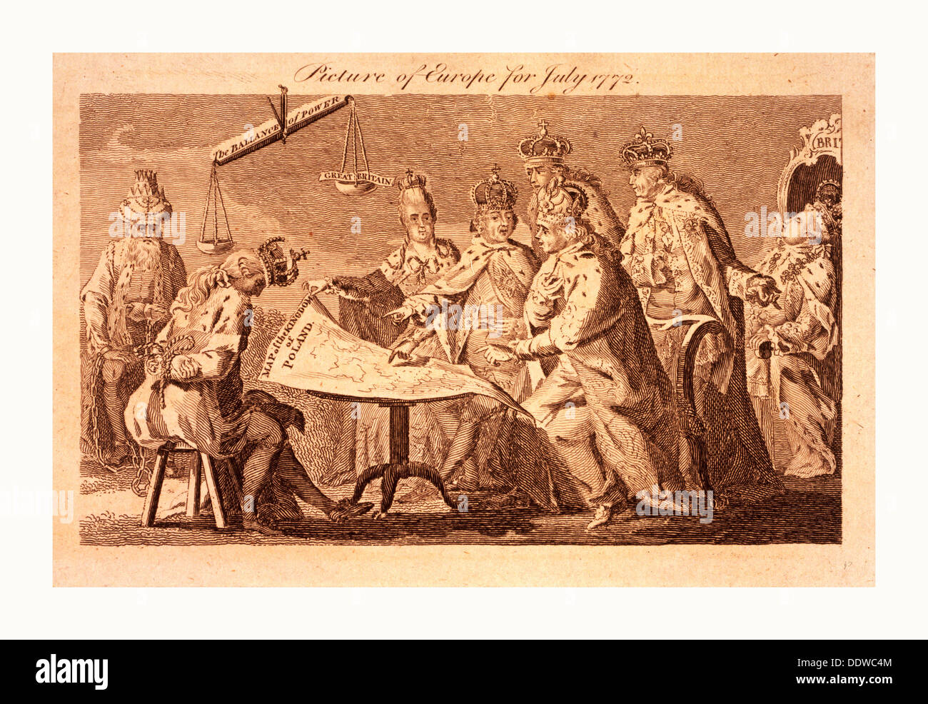 Picture of Europe for July 1772, Catherine II, Leopold II, and Frederick William II seated at table on which rests a map of Stock Photo