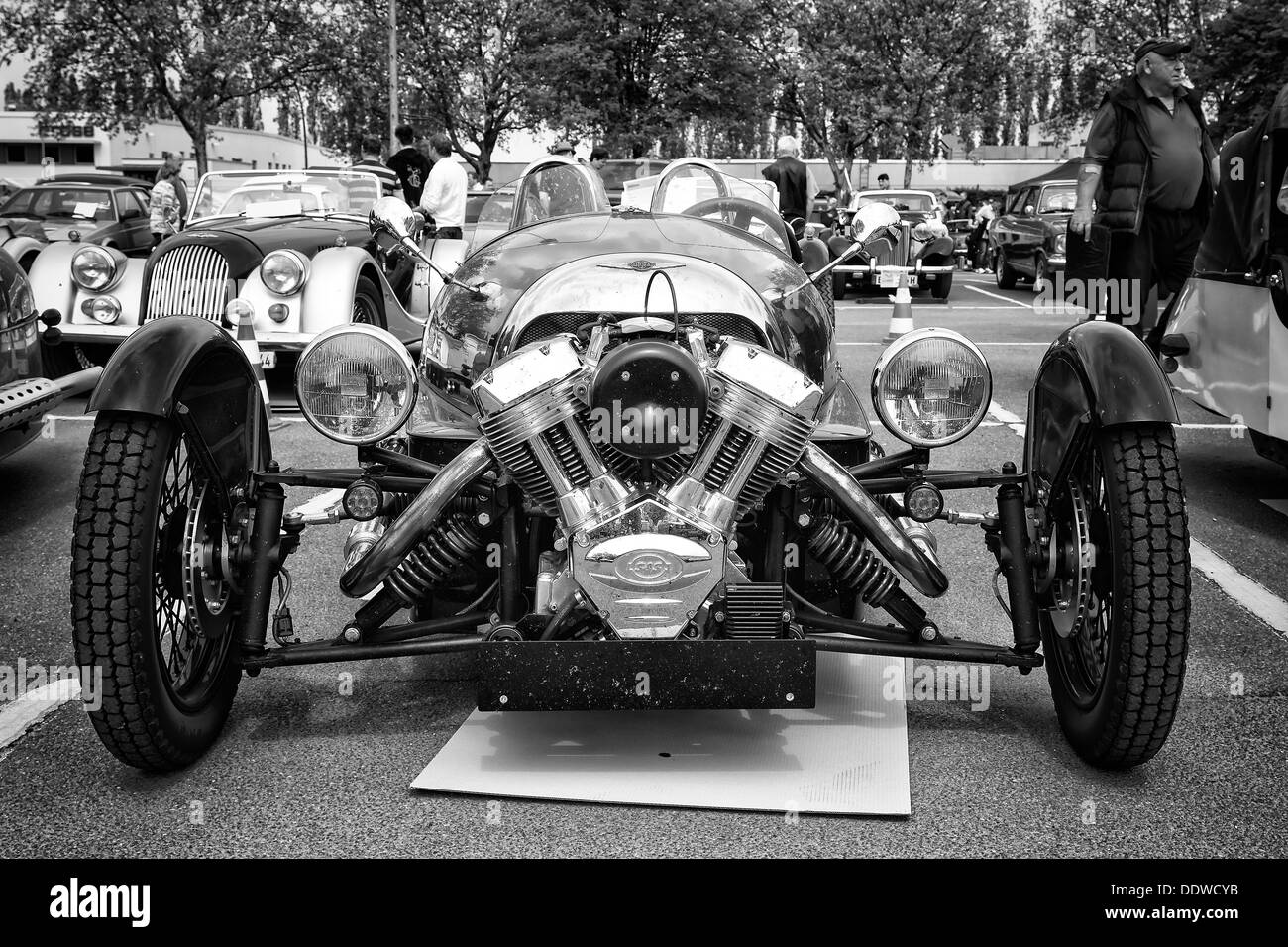 Car Morgan, V-Twin three-wheelers (black and white) Stock Photo
