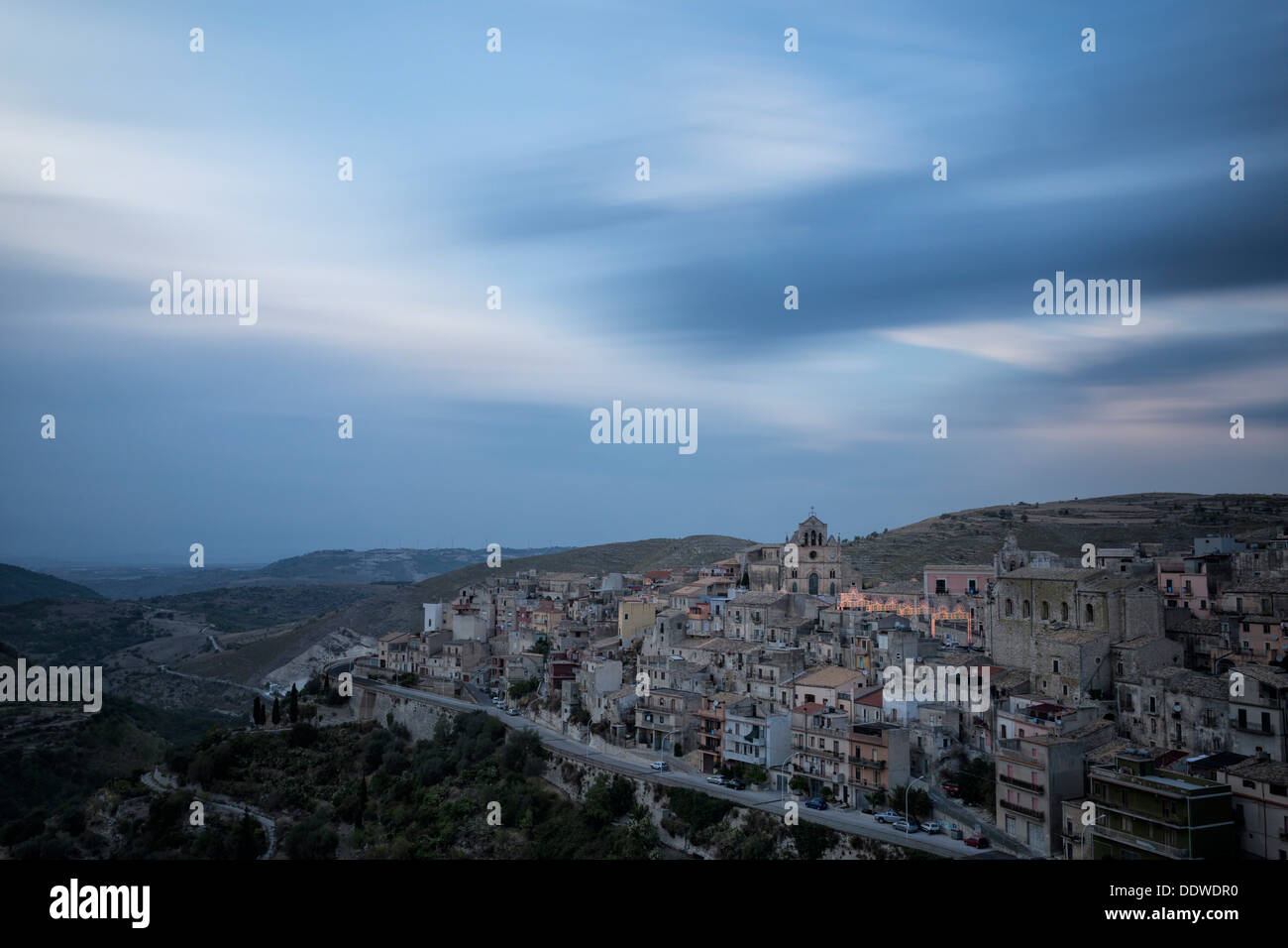 Sunset view at hilltop town of Monterosso Almo, Sicily, Italy Stock Photo