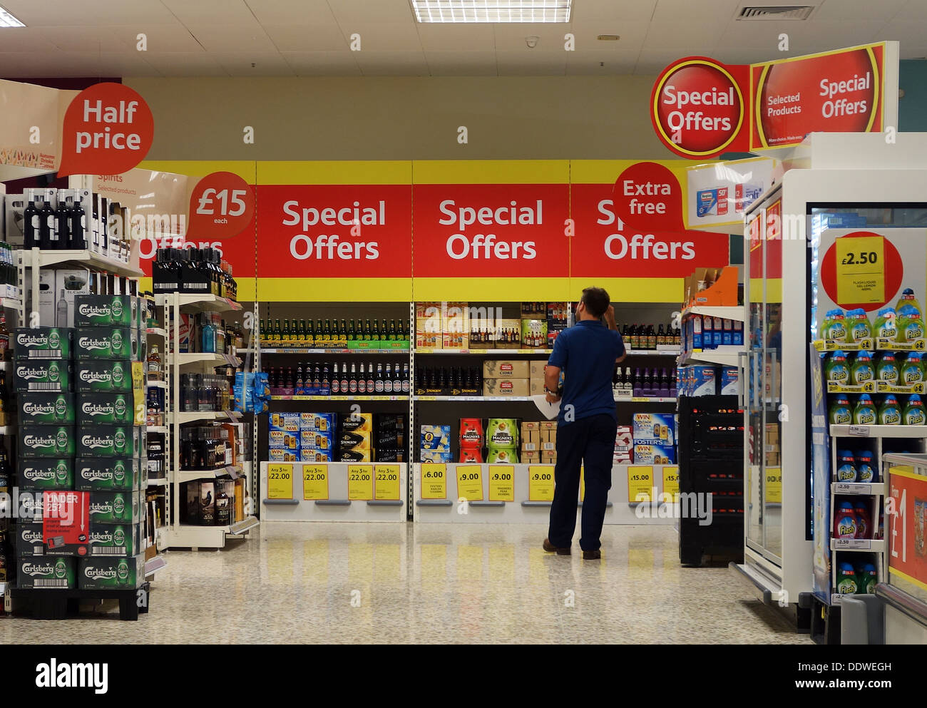 Special offers signs in a Tesco store, UK Stock Photo