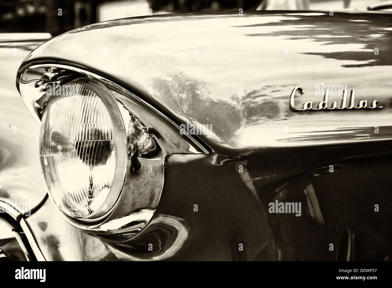Detail of the full-size luxury car Cadillac Sixty-Two Coupe de Ville (sepia) Stock Photo