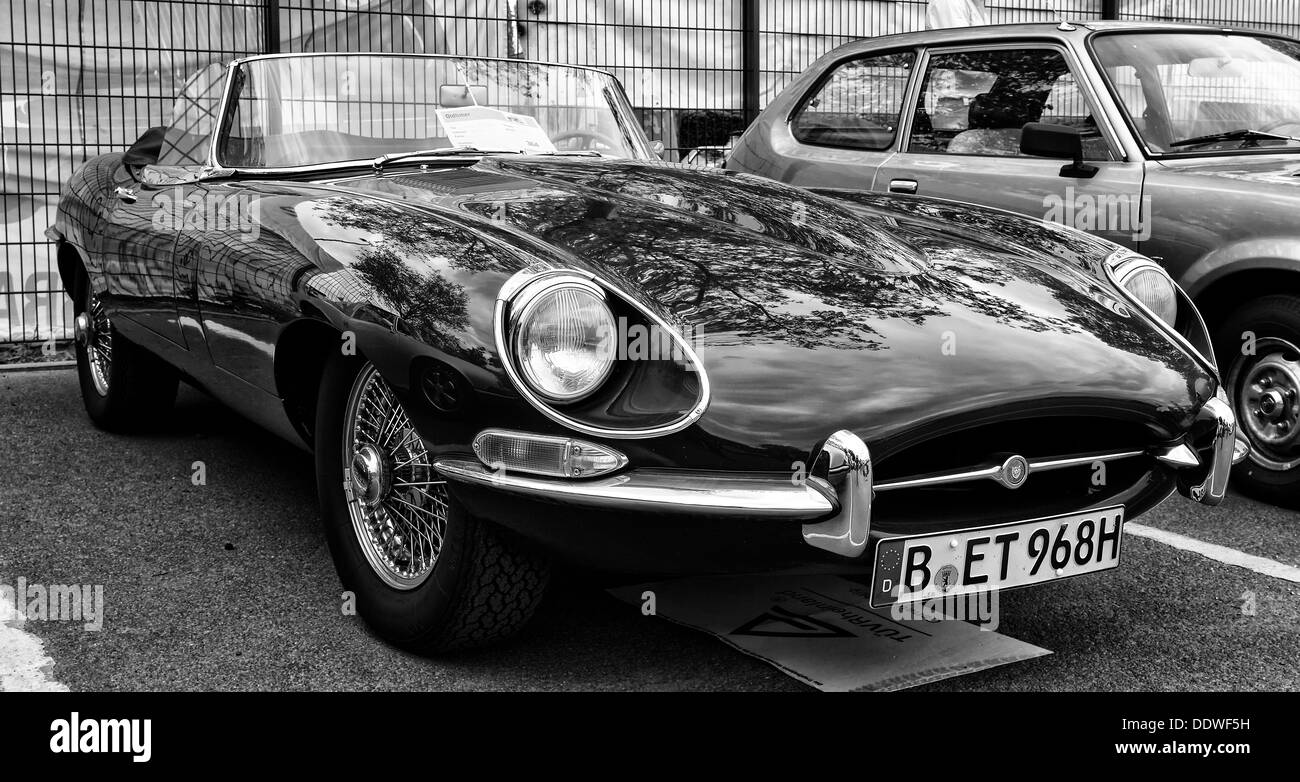 Sport car Jaguar E-Type 3,8 (black and white) Stock Photo