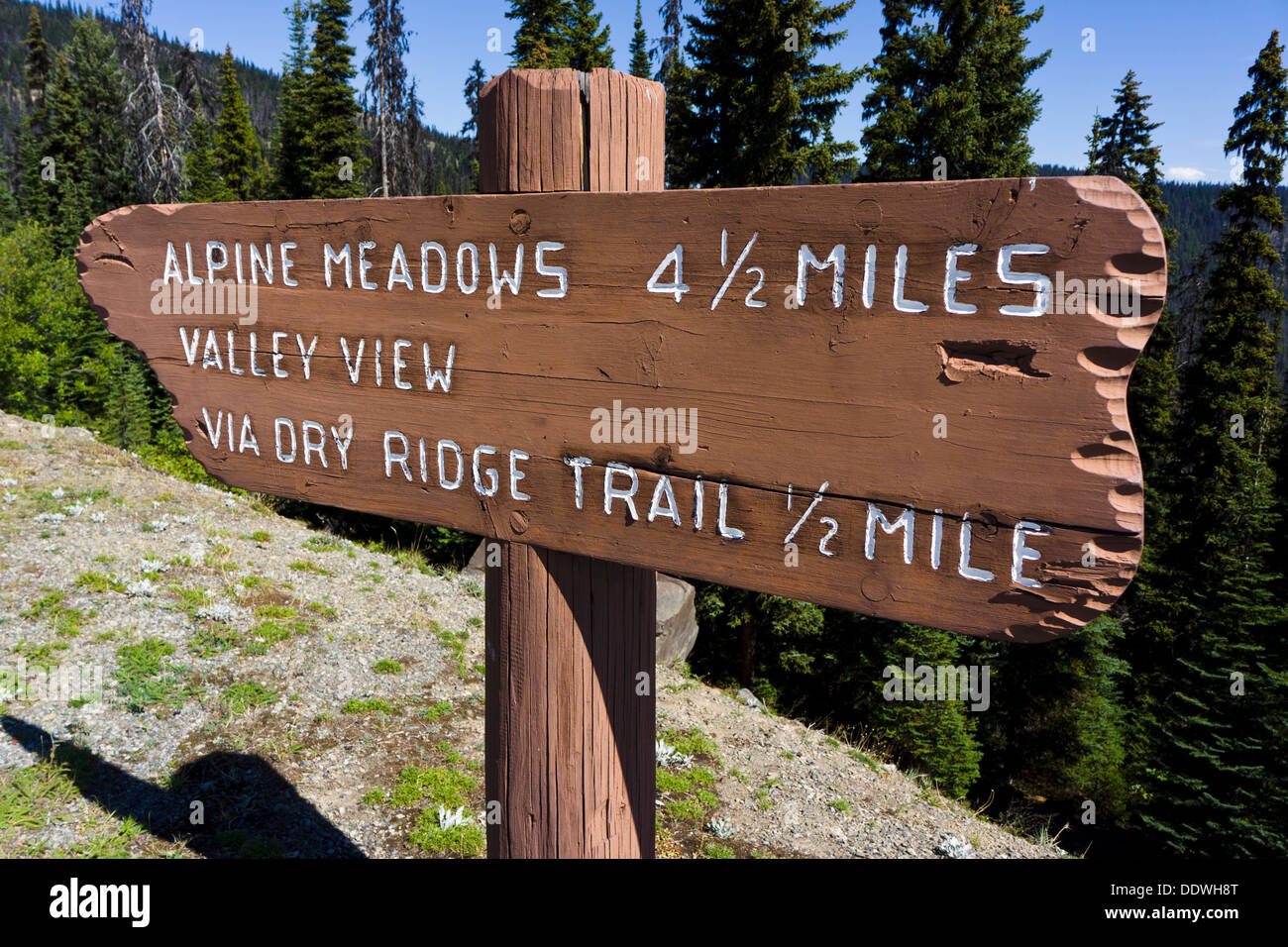 Sign to alpine meadows at E.C. Manning Provincial Park, British Columbia, Canada. Stock Photo
