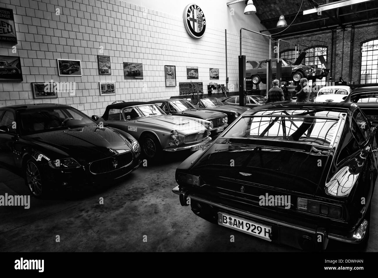 The Restoration Workshop Alfa Romeo (black and white) Stock Photo