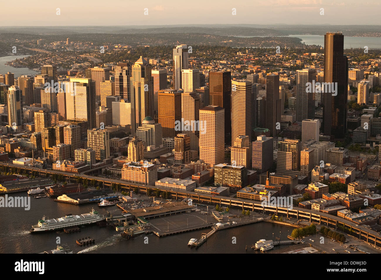 Retro image of Aerial view of Seattle Skyline along waterfront with ...