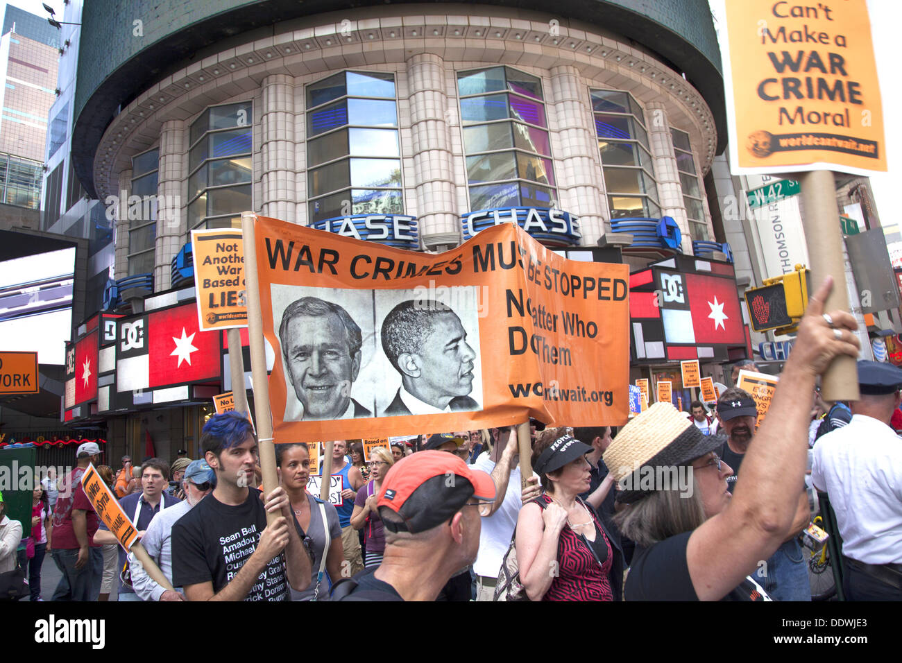 New York City, USA. 07th Sept, 2013. New Yorkers speak out loud and clear to President Obama, as they march down Broadway,  'that we don't want another useless war that will only cause more death and destruction and breaks international law.' Credit:  David Grossman/Alamy Live News Stock Photo