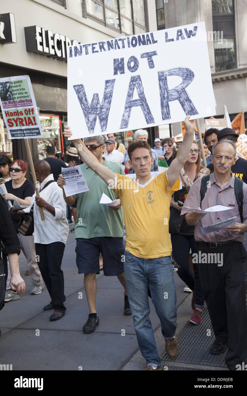 New York City, USA. 07th Sept, 2013. New Yorkers speak out loud and clear to President Obama, as they march down Broadway,  'that we don't want another useless war that will only cause more death and destruction and breaks international law.' Credit:  David Grossman/Alamy Live News Stock Photo