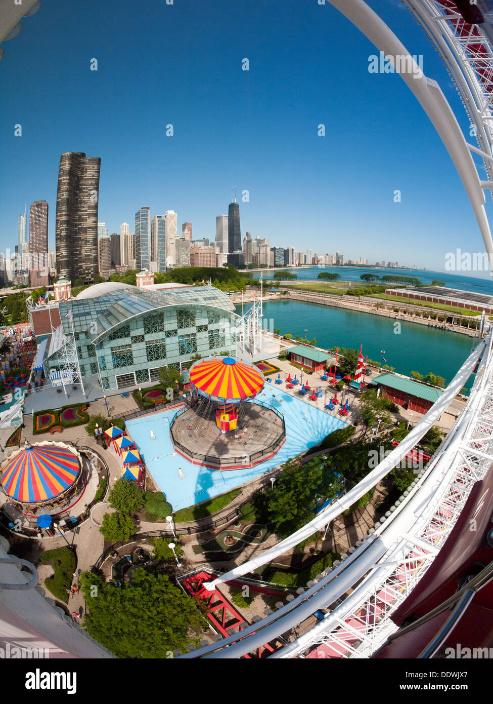 A spectacular fisheye view of the Chicago skyline and Lake Michigan as seen from up on the Navy Pier Ferris wheel. Stock Photo