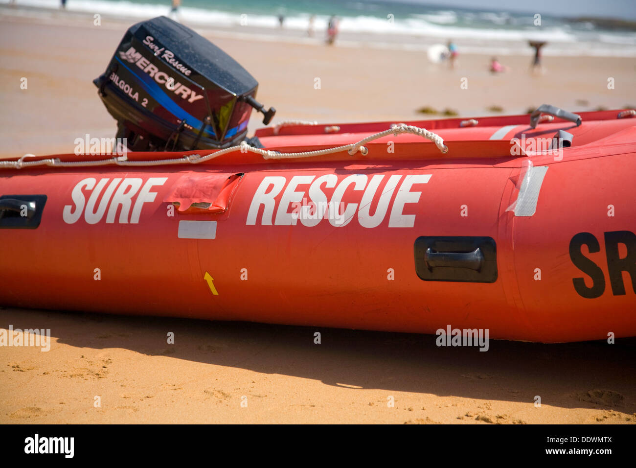 Surf rescue zodiac dinghy boat on Bilgola beach,Sydney,Australia fitted