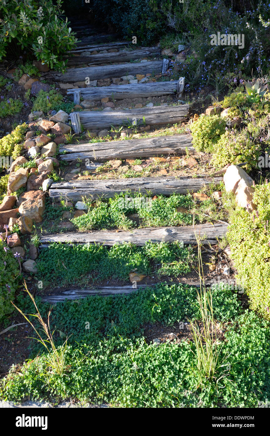 Old cracked wooden steps leading upwards along a rocky path Stock Photo