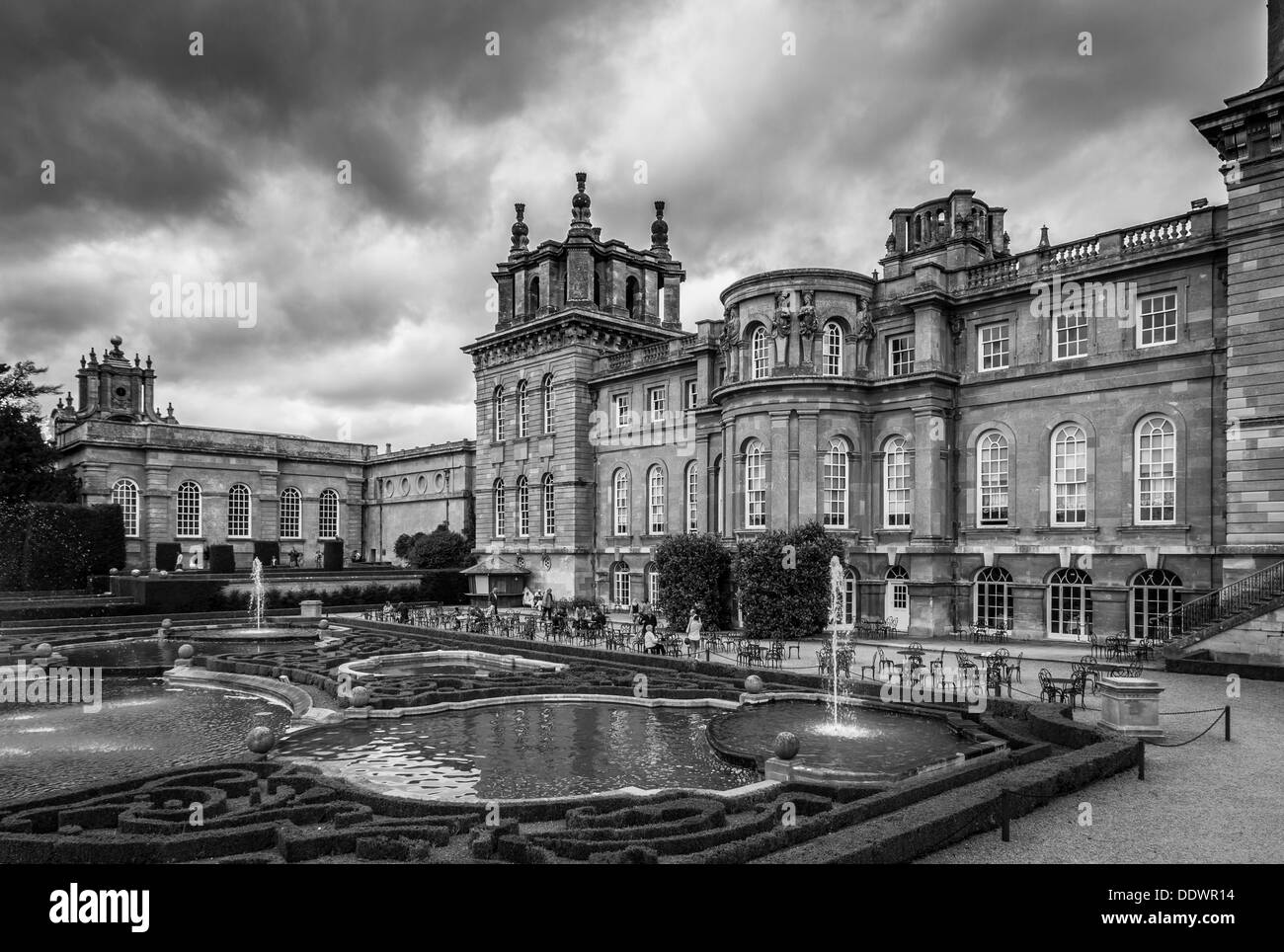 Black and White of Blenheim Palace from the Upper Water Terrace. Woodstock, Oxfordshire, England Stock Photo