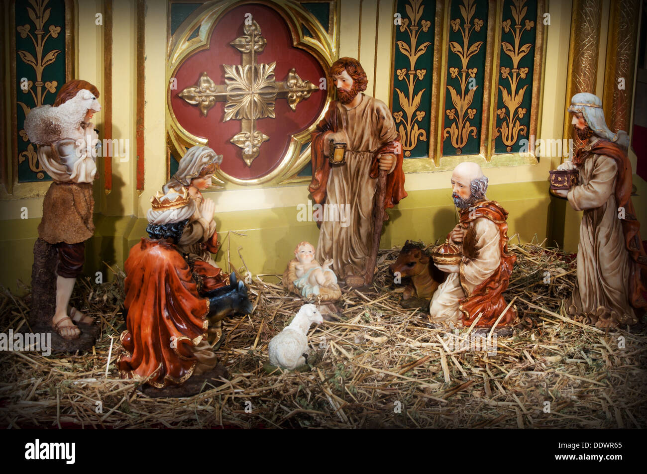 nativity scene with hand-colored figures made out of wood Stock Photo ...