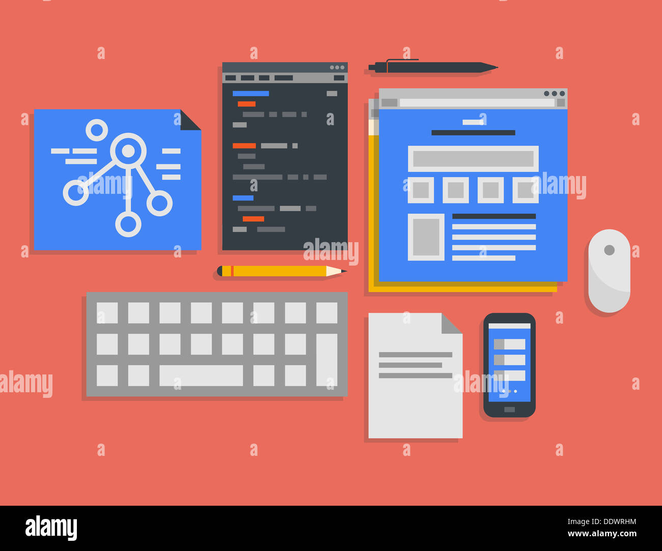 Flat design vector illustration icons set of modern office workflow for web programming and mobile development process Stock Photo