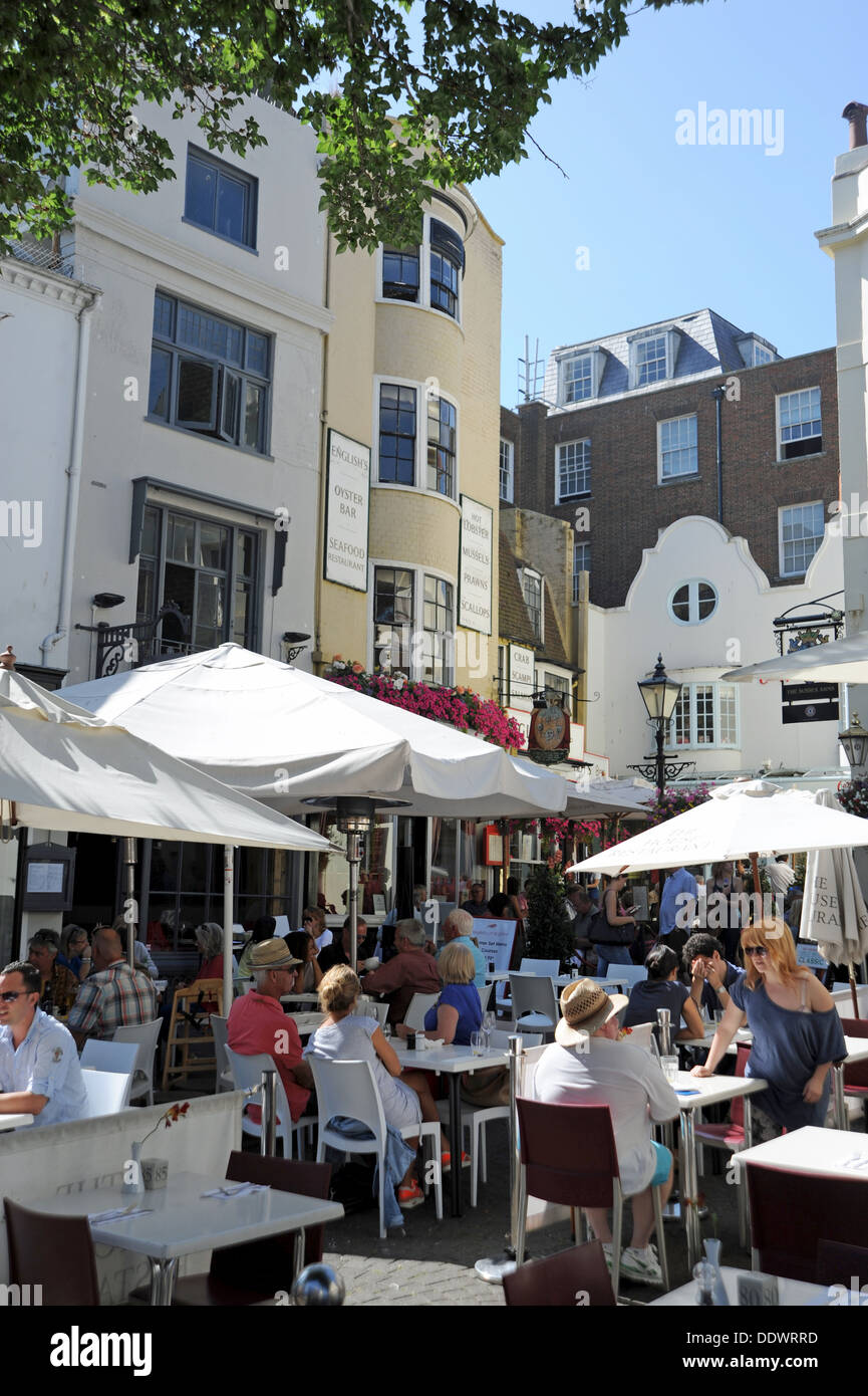 Dining alfresco style outside in The Lanes area of Brighton UK Stock Photo