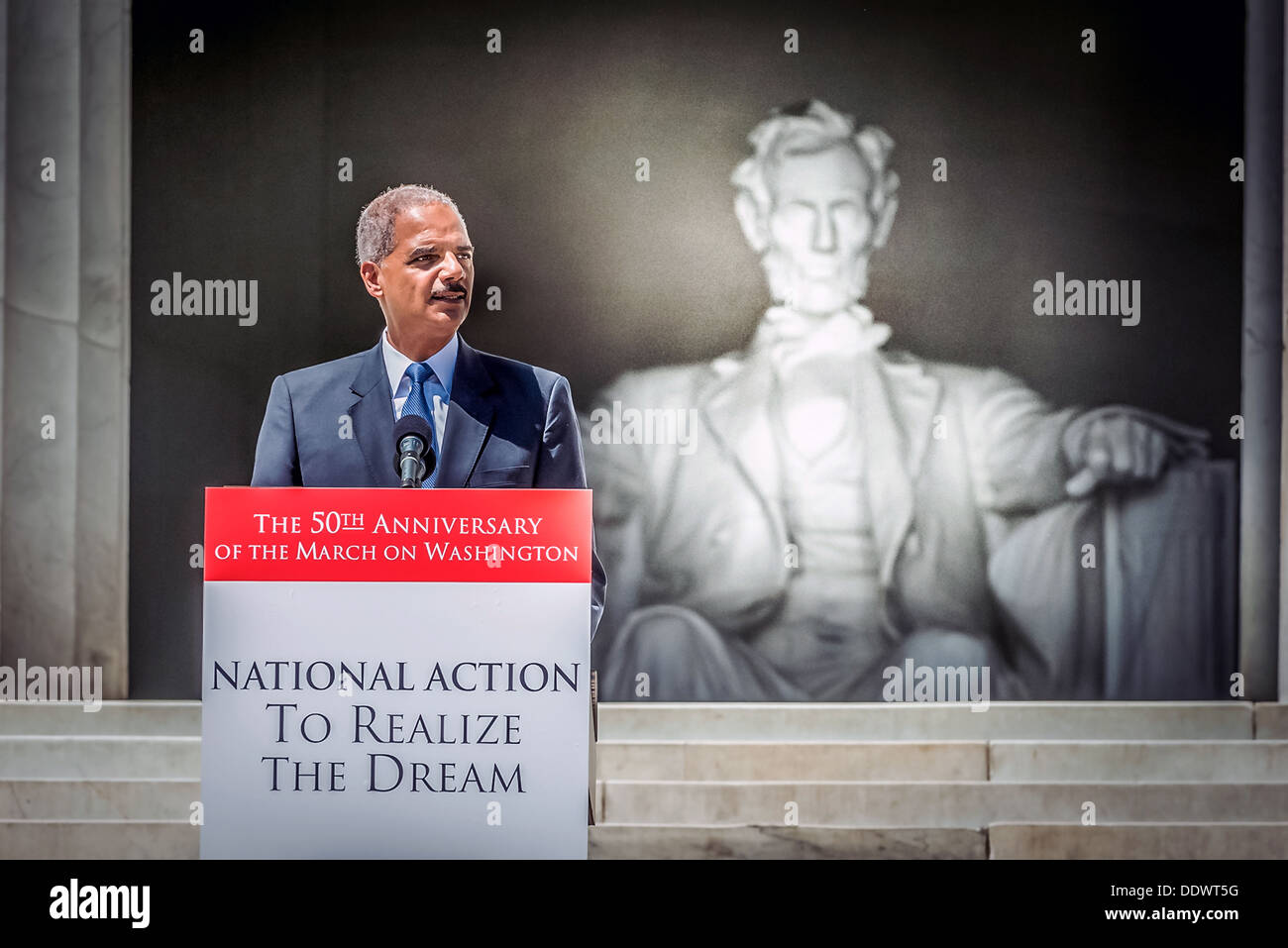 US Attorney General Eric Holder delivers remarks at the 50th Anniversary of the March on Washington August 24, 2013 in Washington, DC. Stock Photo