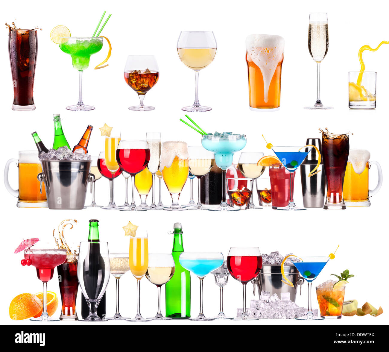 different alcohol drinks set isolated beer, martini, cola, scotch