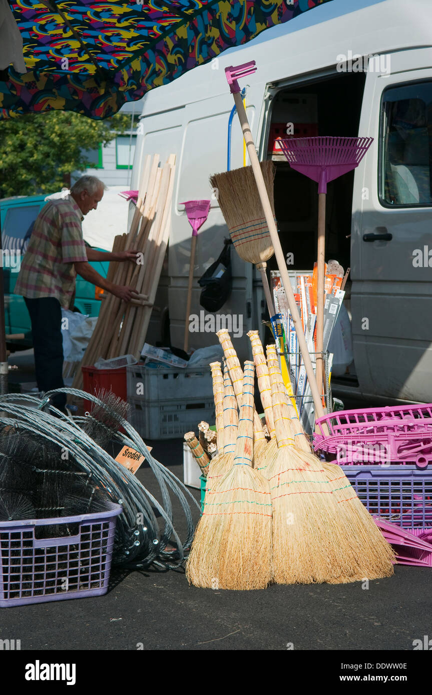 Brooms for sale at local market in Wadowice, Poland. Stock Photo