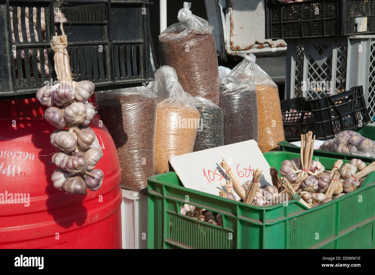 Garlic for sale at local farmers market in Wadowice, Poland. Stock Photo