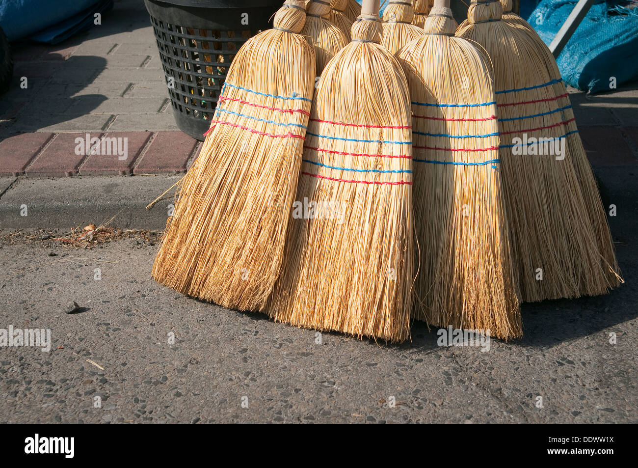 Brooms and besoms for sale at local farmers market in Wadowice, Poland.Brooms and besoms for sale at local farmers market Stock Photo