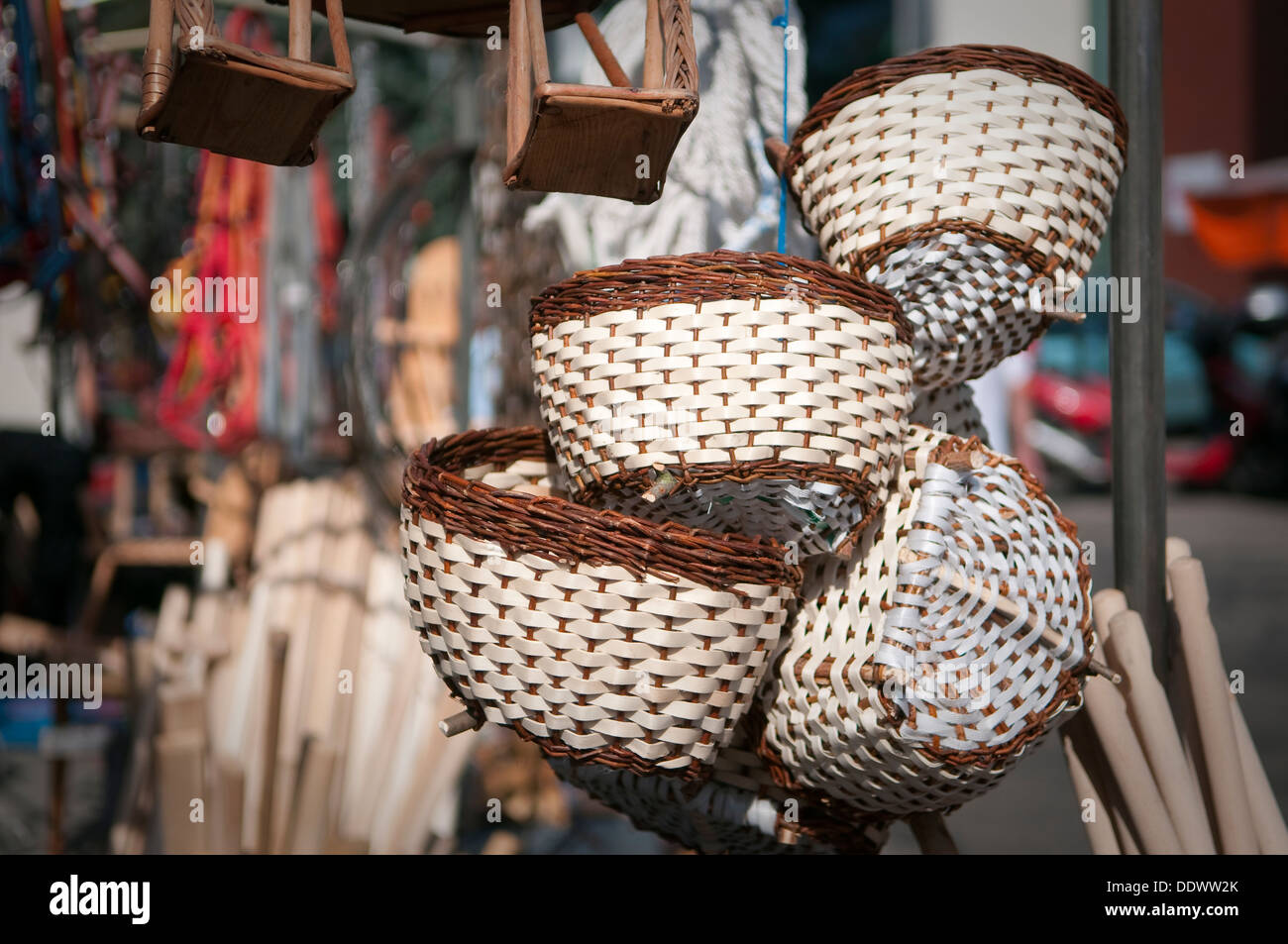 Traditional handmade wicker baskets for sale at local farmers market in Wadowice, Poland Stock