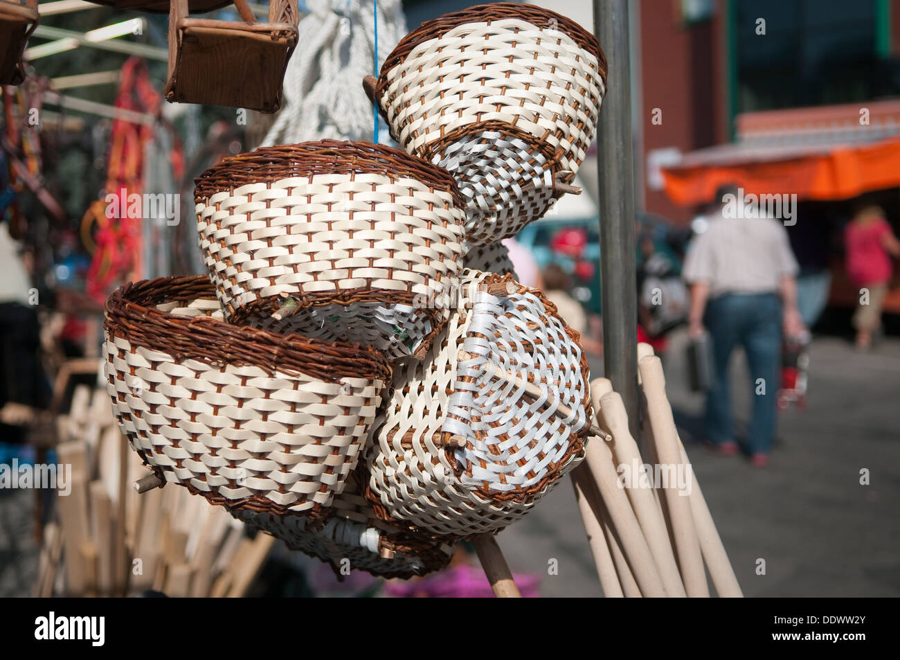 Traditional handmade wicker baskets for sale at local farmers market in