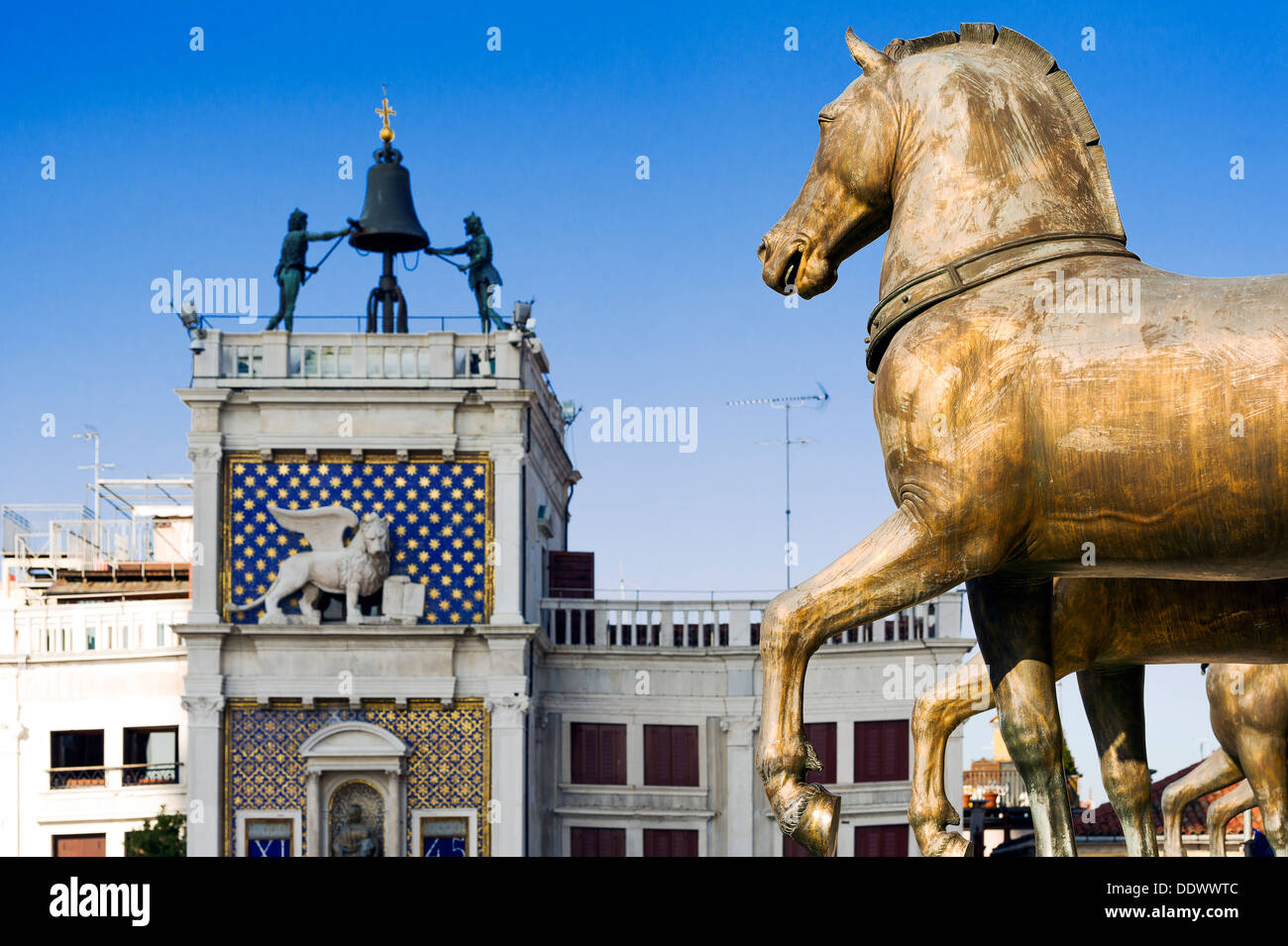 Europe, Italy, Veneto, Venice, classified as World Heritage by UNESCO. The clock tower and the automaton with the bronze horses. Stock Photo