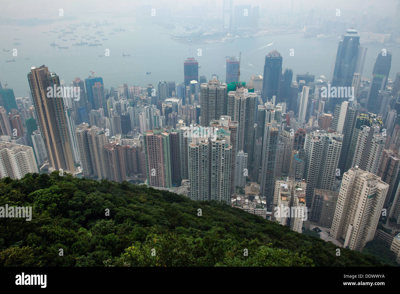 A view of the city below from the top of Victoria Peak on Hong Kong Island, Hong Kong. Stock Photo