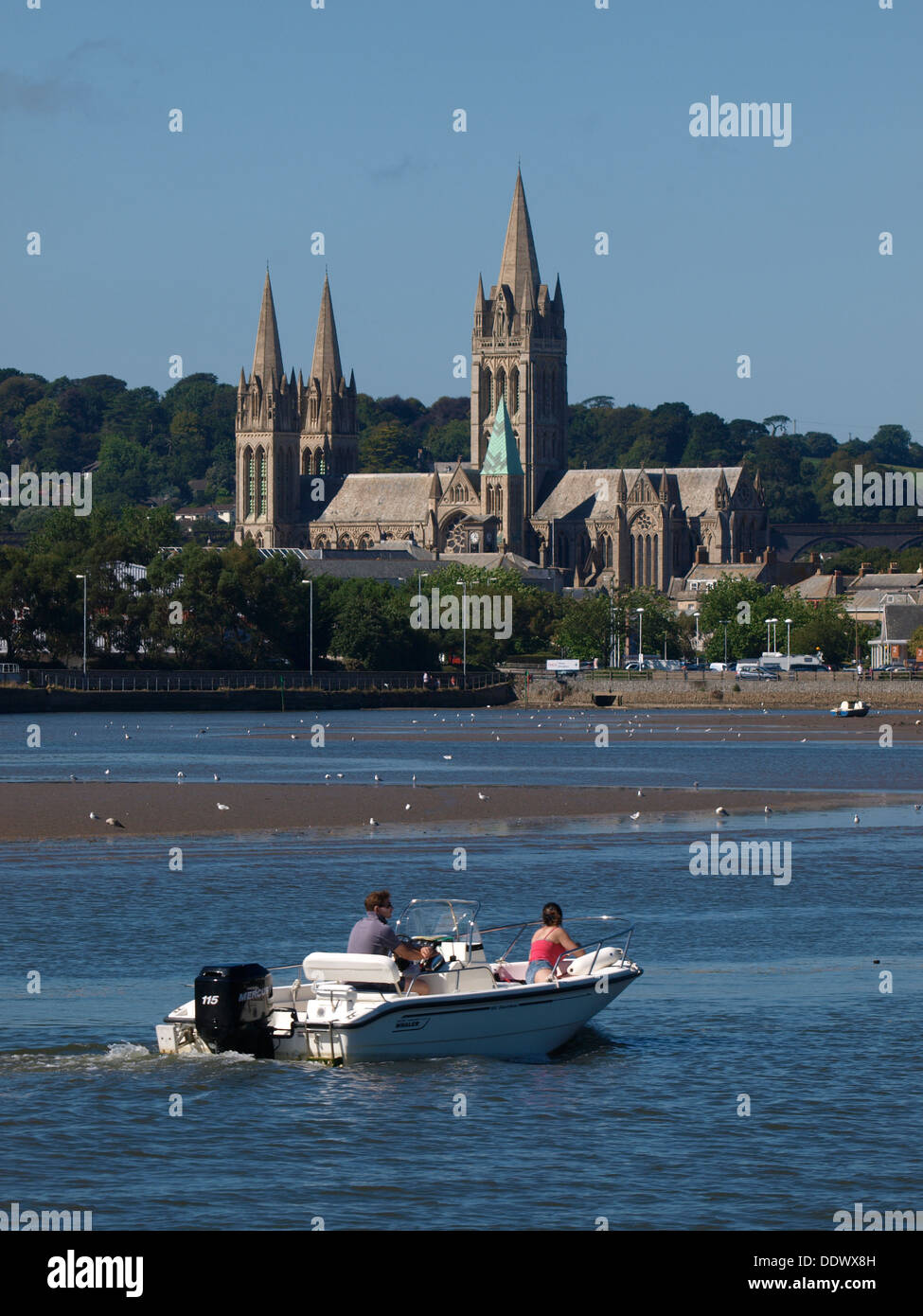 Truro Cathedral with a boat on the River Fal, Cornwall, UK 2013 Stock Photo