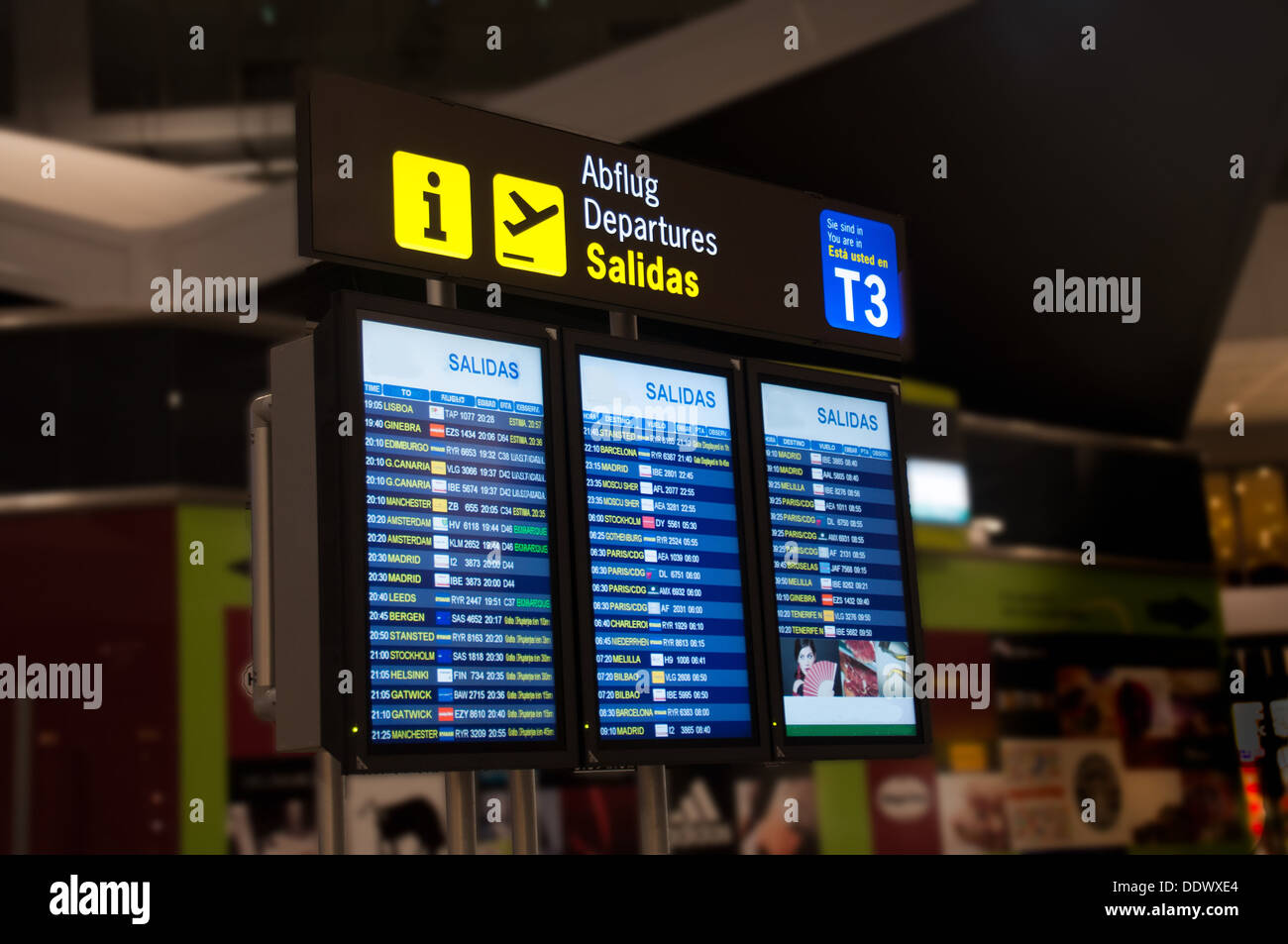Departure board at Malaga airport Stock Photo