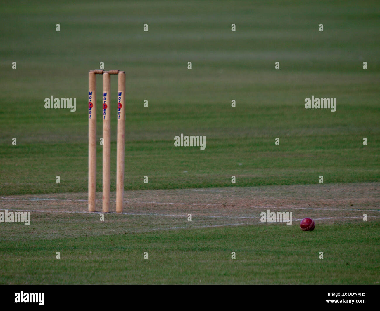 Cricket stumps and ball, UK 2013 Stock Photo