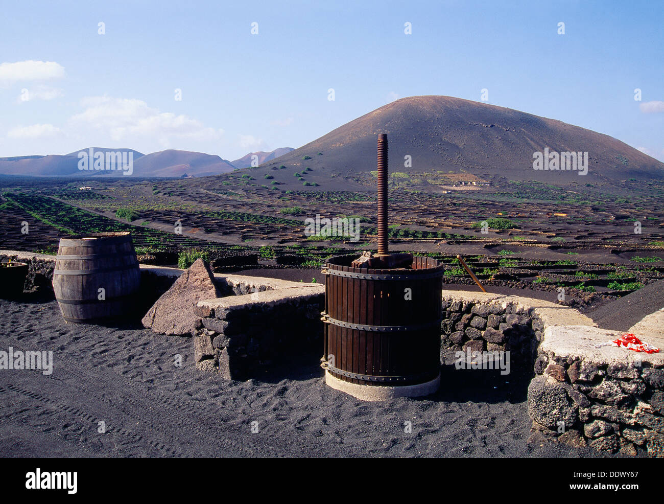 Wine cellar , vineyards and volcanic landscape. La Geria, Lanzarote island, Canary Islands, Spain. Stock Photo