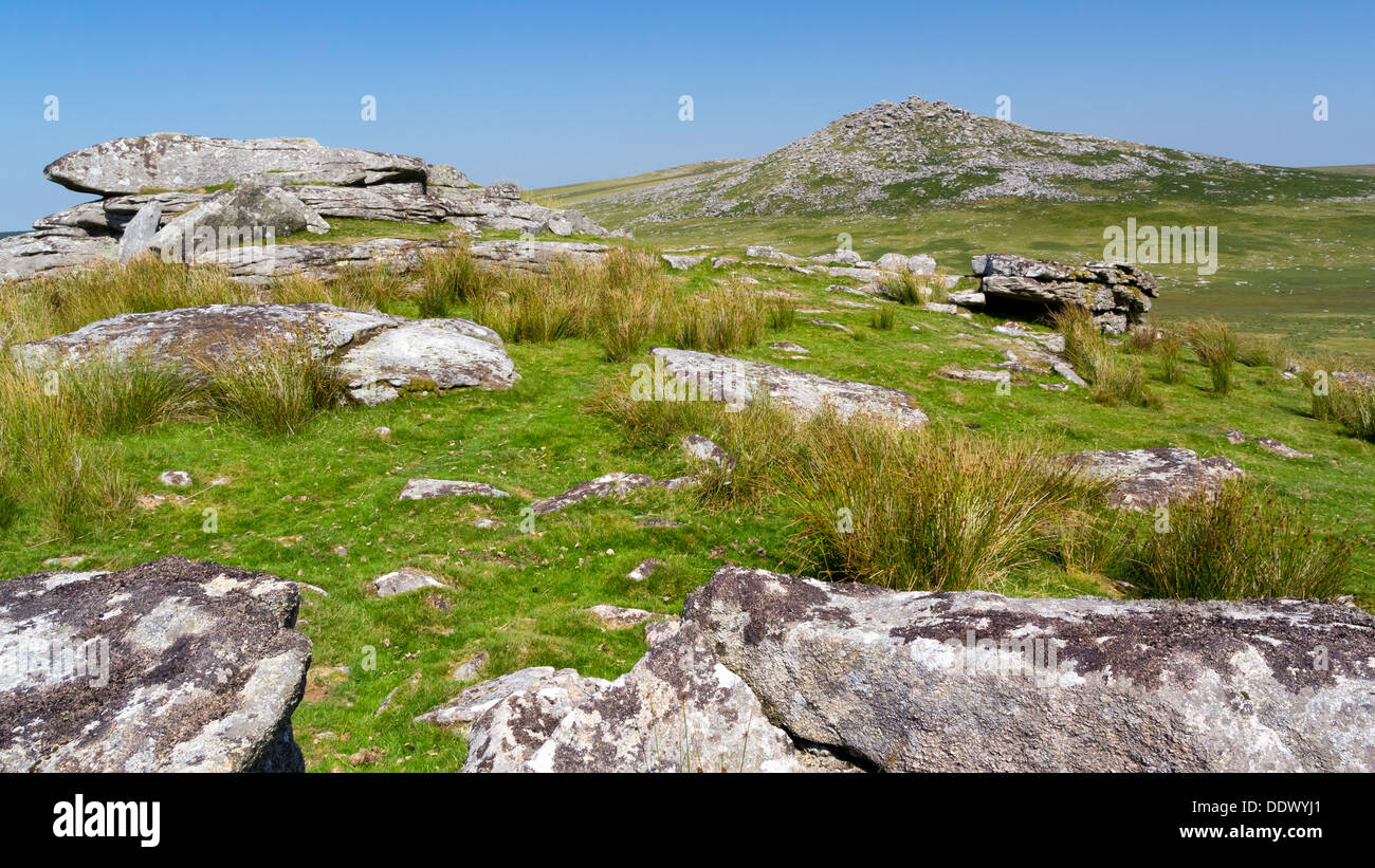 Rugged scenery on Bodmin Moor Cornwall England with Rough Tor in the distance Stock Photo