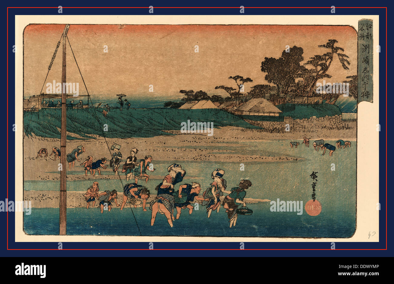 Susaki shiohigari, Salt gathering at Suzaki. [between 1833 and 1836], 1 print : woodcut, color ; 23 x 36.7 cm., Print shows Stock Photo