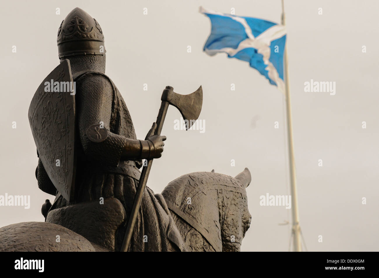 Statue of King Robert the Bruce at the Heritage Centre, Bannockburn, Stirling, Scotland, UK. Silhouette of the statue. Stock Photo