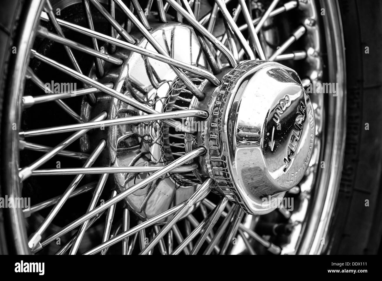 Detail of the wheels of the car Jaguar E-Type (black and white) Stock Photo