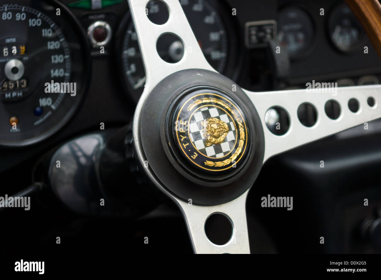 Detail of the steering wheel close-up sports-car Jaguar E-Type Stock Photo