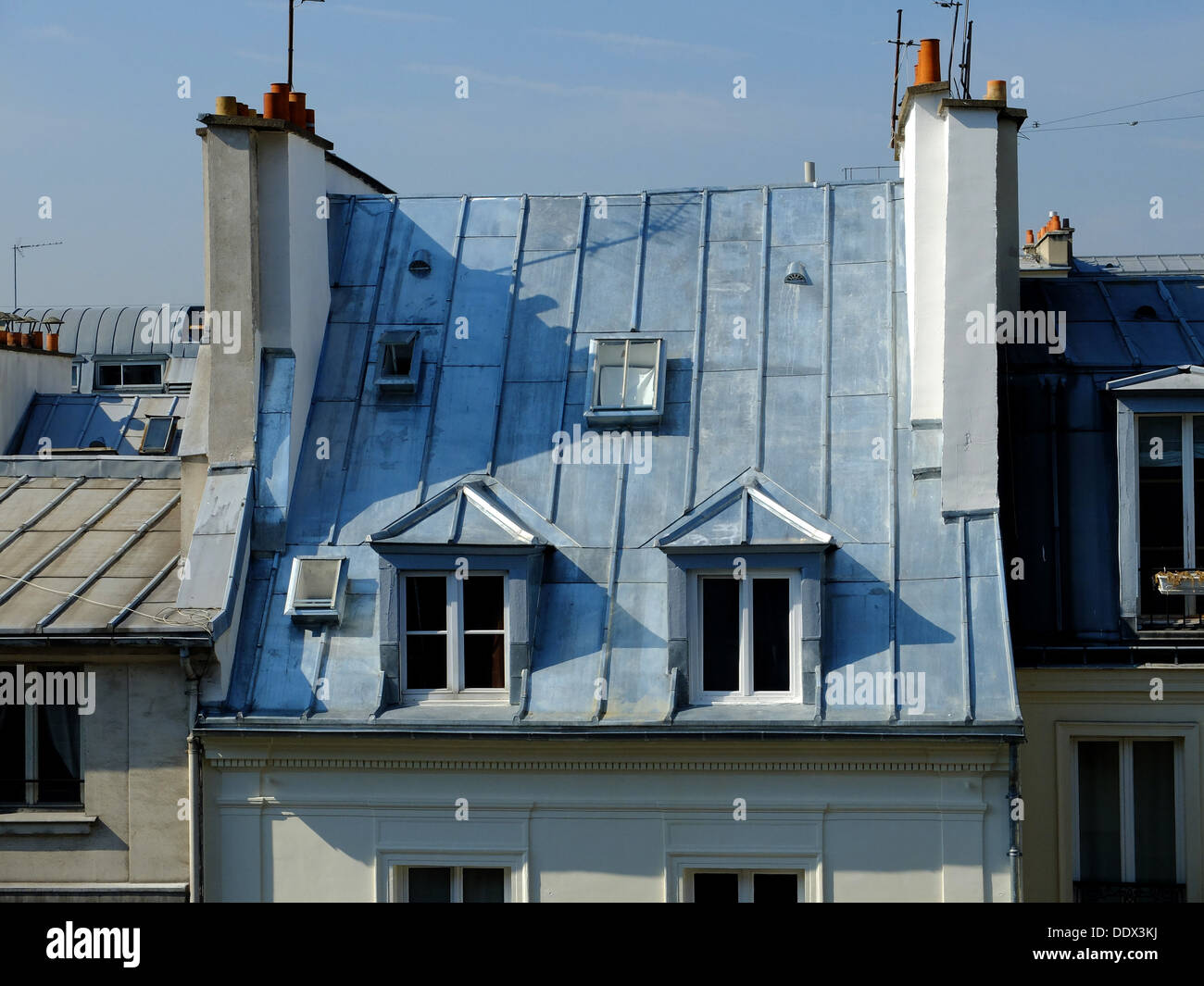 Zinc roof of traditional house,rue Saint Placide,Paris,France Stock