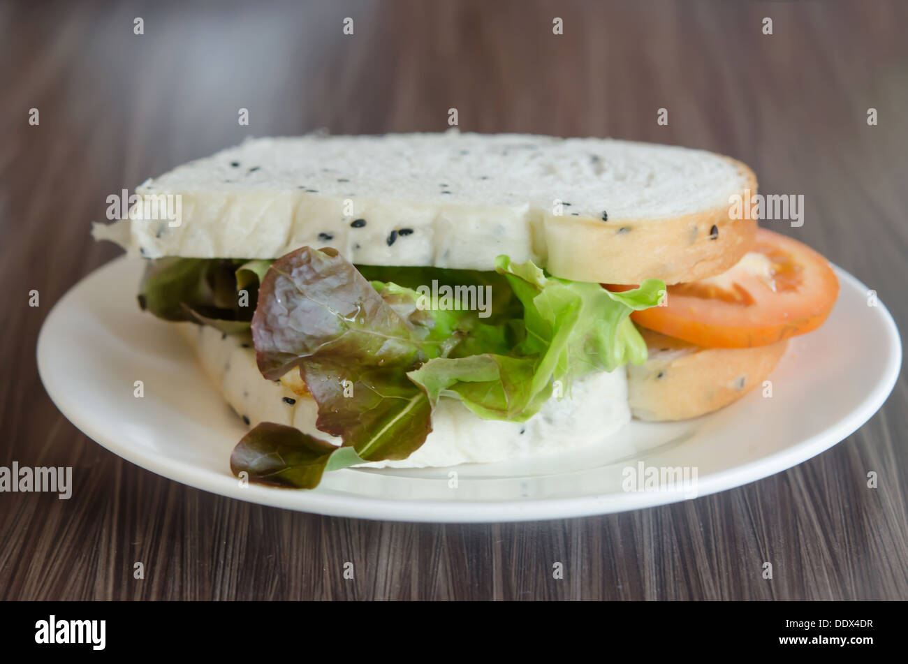 fresh sandwich with tomatoes , lettuce and fried egg on dish Stock Photo