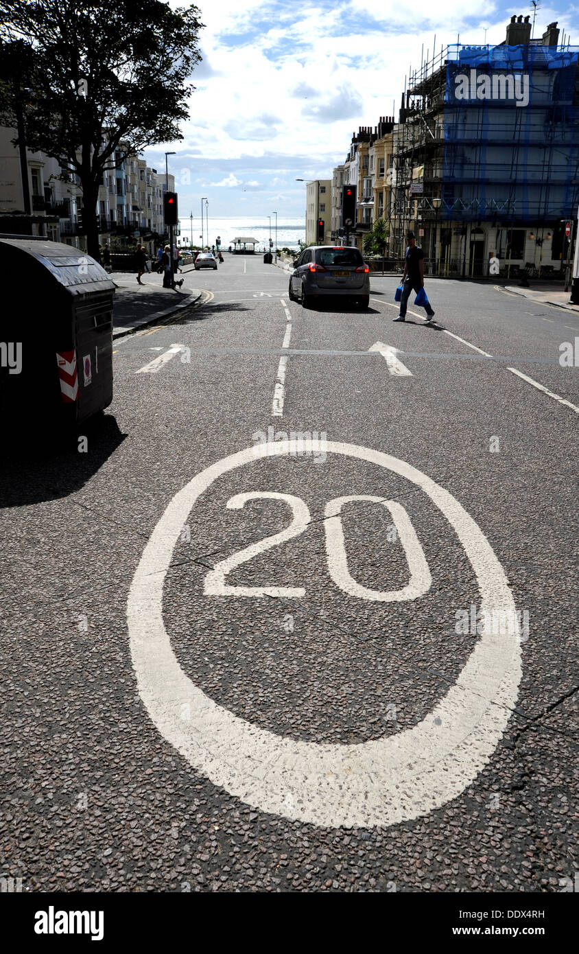 20 MPH speed limit sign on road in kemp town area of Brighton UK Stock Photo