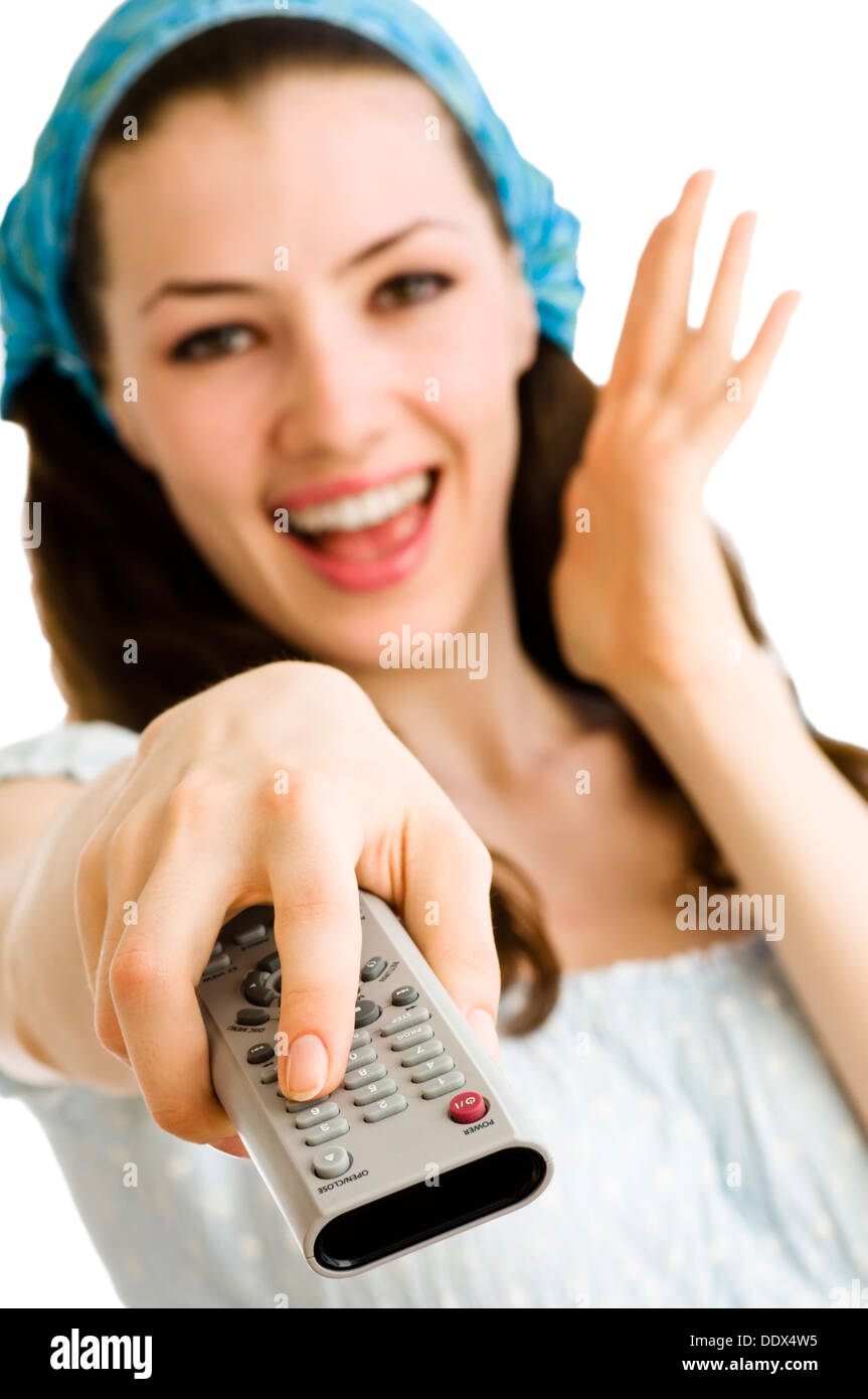 a smiling girl with a remote control Stock Photo Alamy